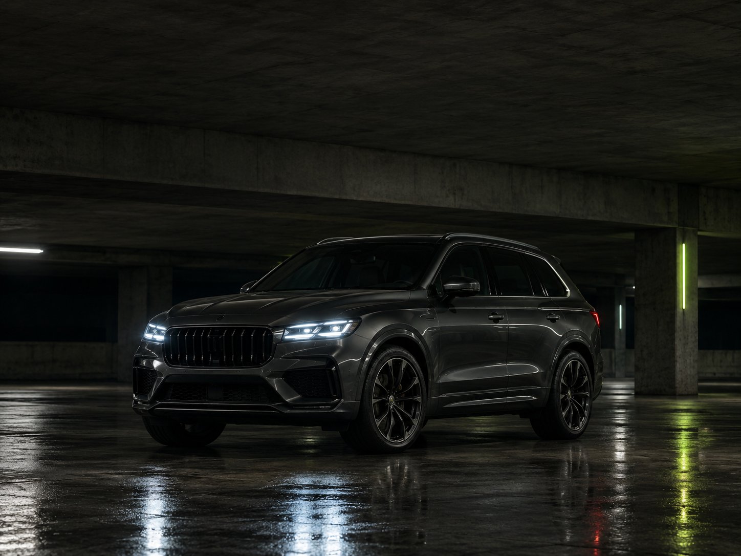 Dark SUV parked in a garage